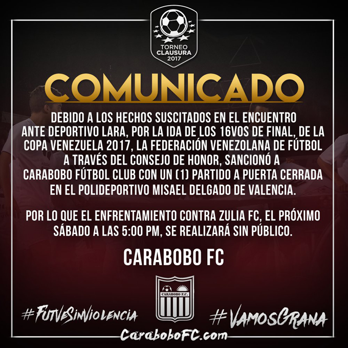 FVF sancionó al Carabobo FC con un partido a puerta cerrada