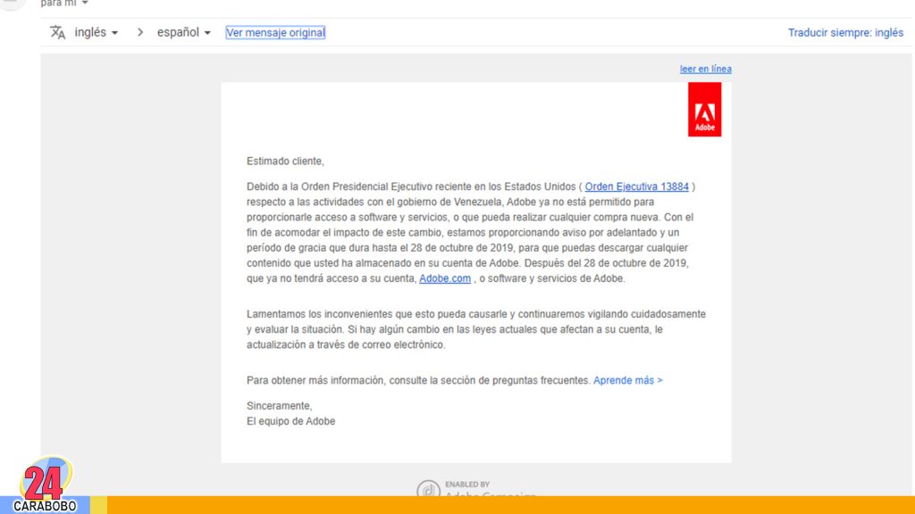 Adobe no prestará servicios en Venezuela
