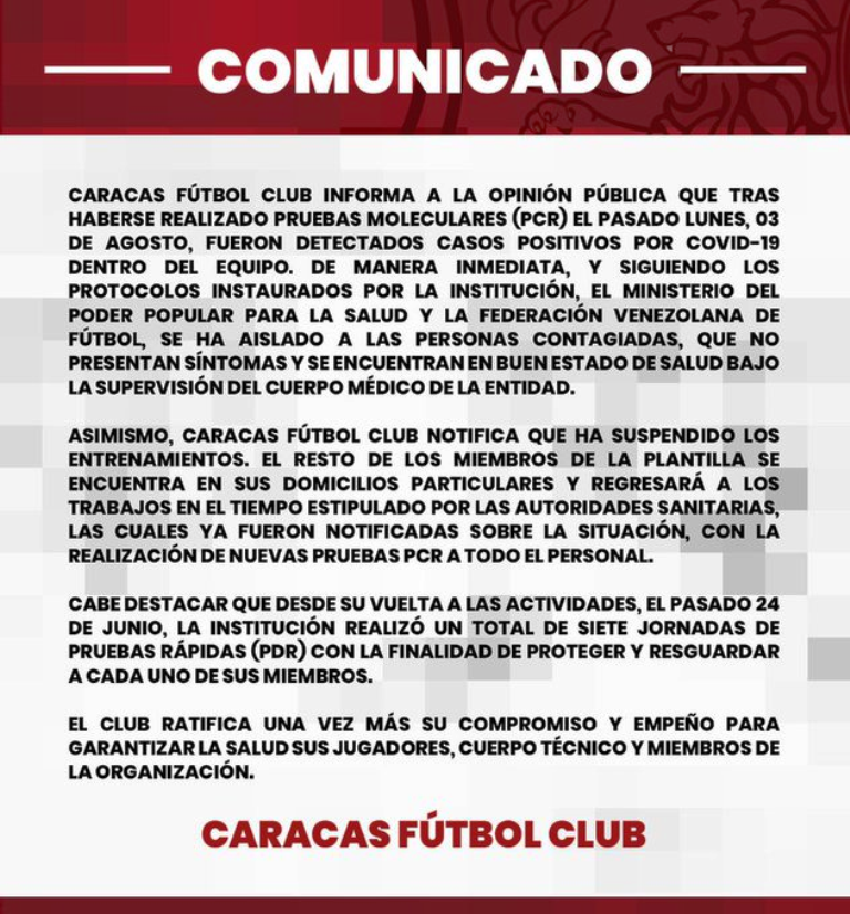 Caracas FC presentó casos de coronavirus - noticias24 Carabobo