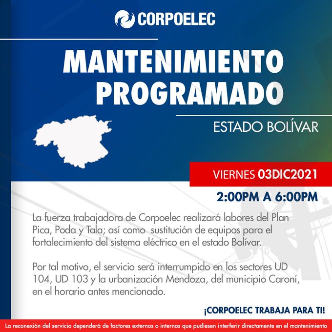 Cortes y mantenimiento programado de Corpoelec - mantenimiento programado de Corpoelec