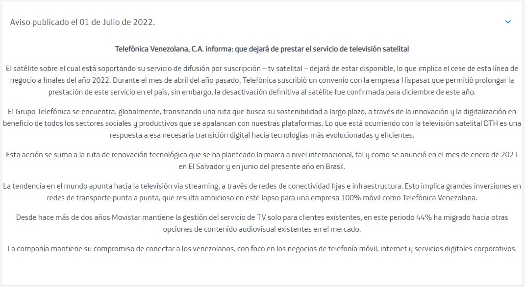 Movistar no prestará el servicio de televisión satelital desde diciembre