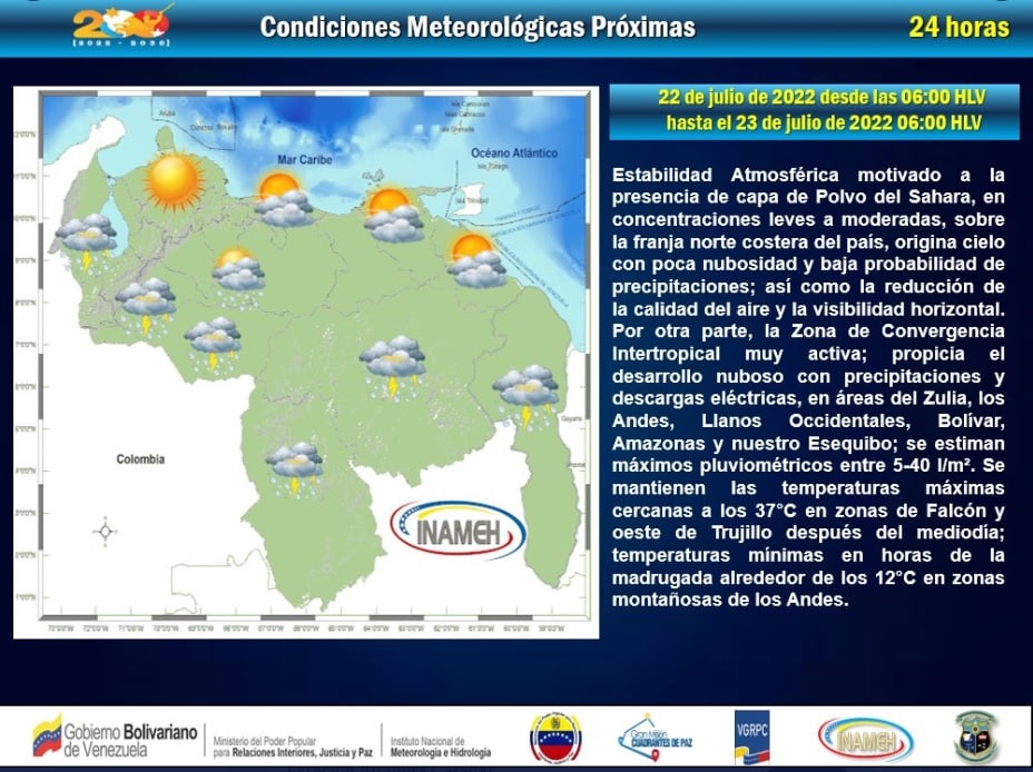 Clima hoy viernes 22 de julio en Venezuela - Clima hoy viernes 22 de julio en Venezuela