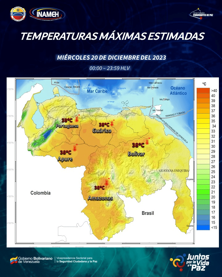 En cuanto a las altas temperaturas se esperan en Guárico, Bolívar, sur de la Guayana Esequiba, Bolívar y Amazonas. Esto en 38 grados para hoy miércoles señaló el INAMEH.