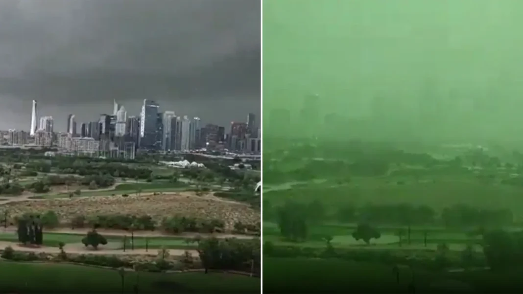 Cielo verde tormentas Dubái