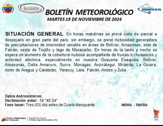 Boletín meteorológico de hoy, 19 de noviembre