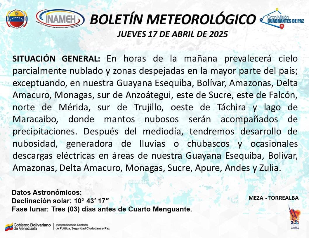 Reporte meteorológico de hoy 17 de abril de 2025