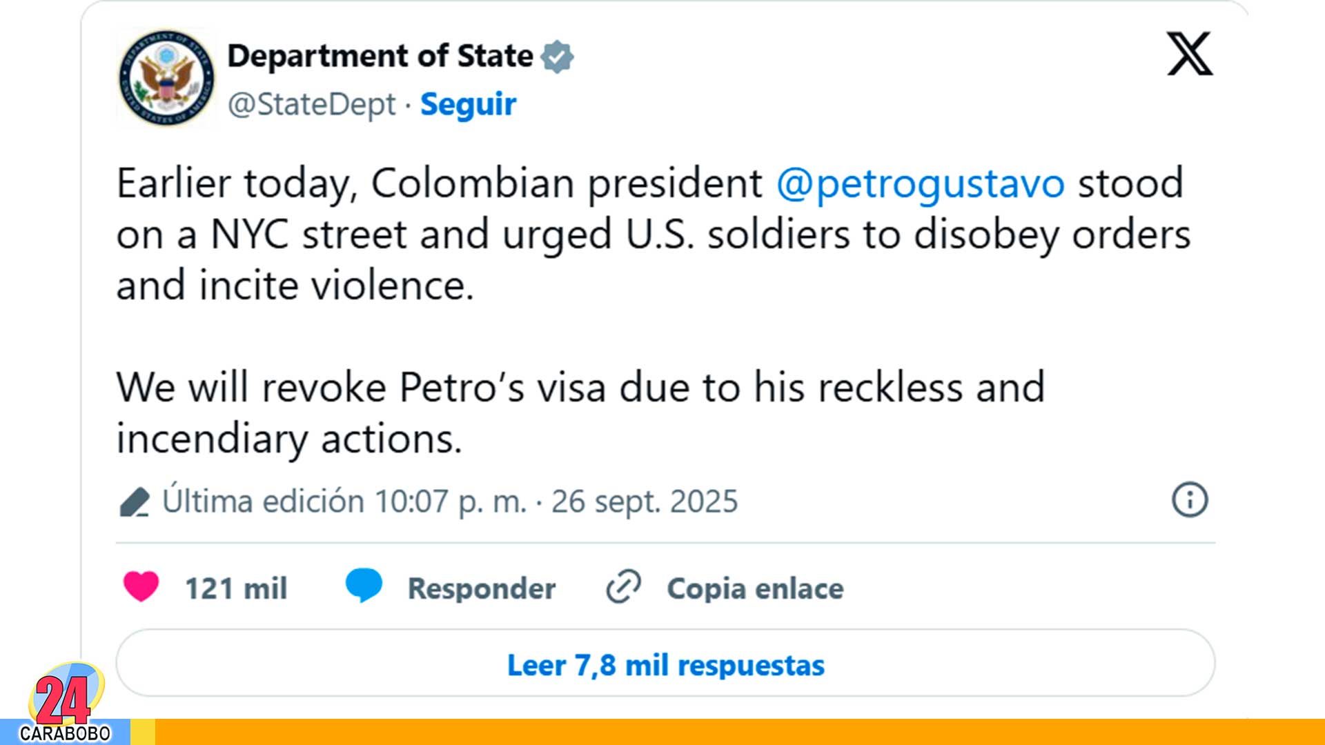 EEUU revoca la visa a Petro