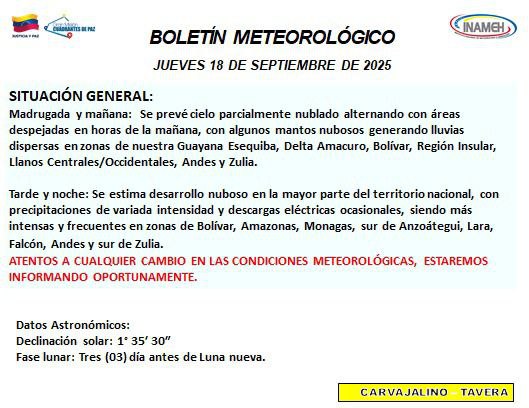 Pronóstico del tiempo hoy 18 de septiembre de 2025