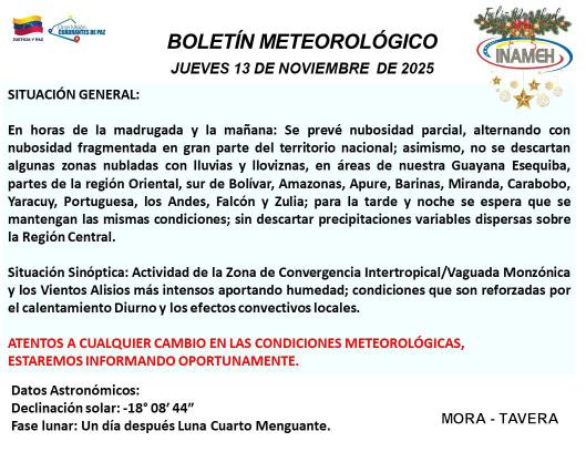 Clima hoy 13 de noviembre de 2025 en Venezuela