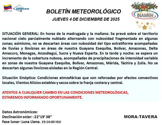 Estado del tiempo hoy 4 de diciembre de 2025