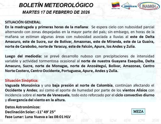 Clima hoy 17 de febrero de 2026 en Venezuela