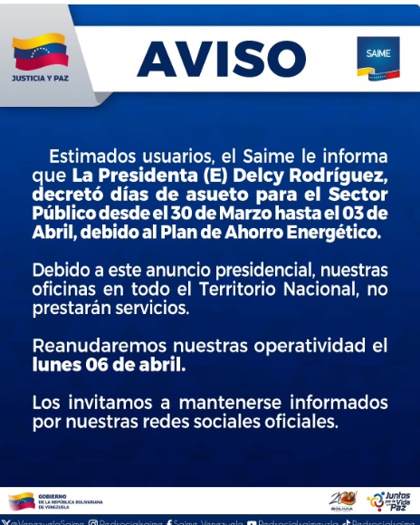 Saime reanudará actividad en esta fecha