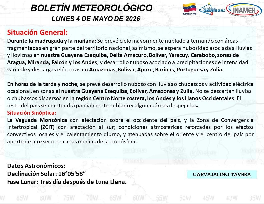 Estado del tiempo hoy 4 de mayo de 2026 en Venezuela