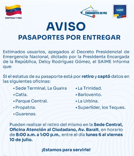Saime sobre el retiro de pasaportes