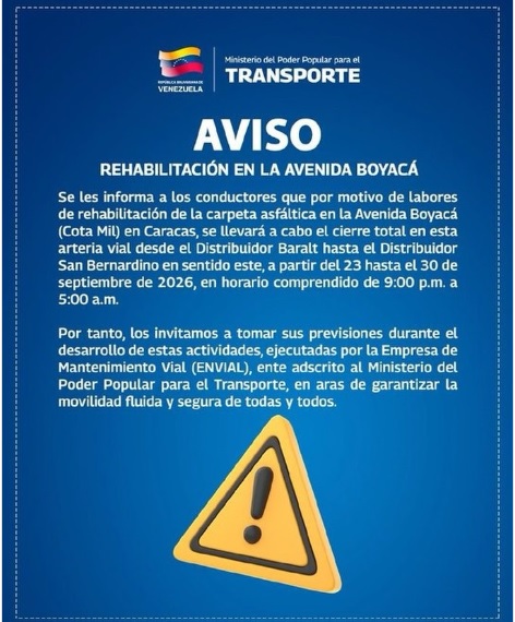 Ministerio de Transporte anunció cierre de esta avenida en Caracas