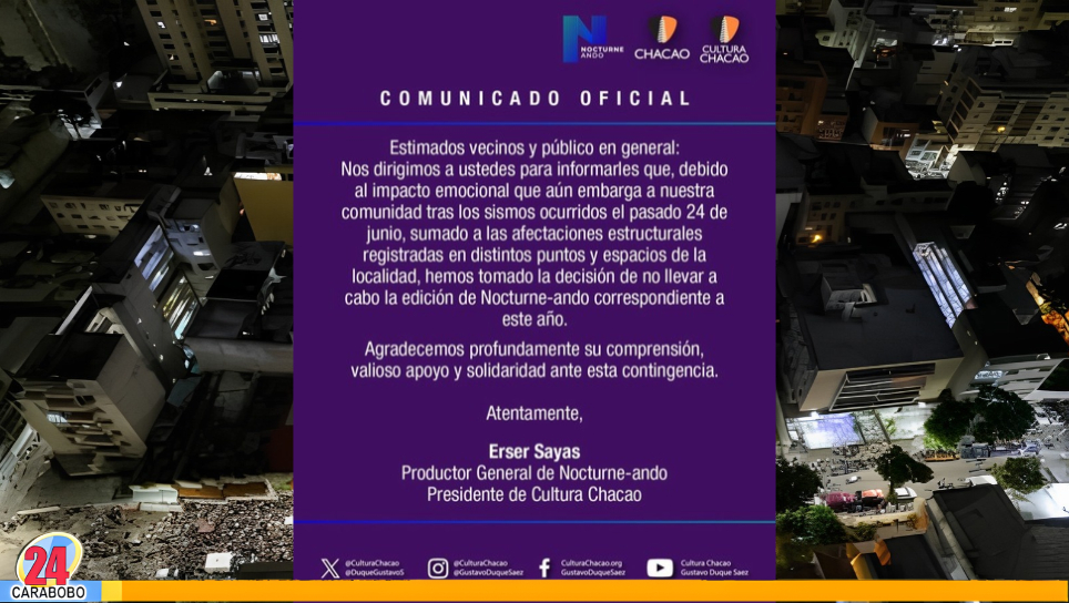 Suspendieron Nocturneando en Chacao por sismos